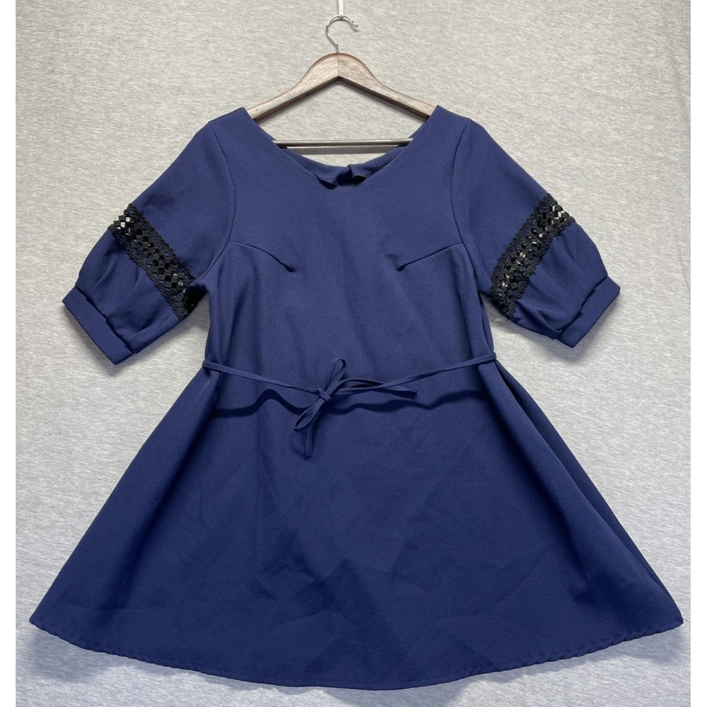 Dowisi A Line Mini Dress Womens Small Blue Lace Inserts Puff Sleeve Tie Waist